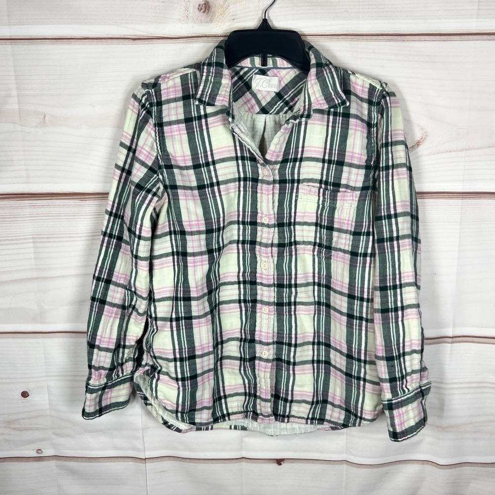 J Crew Top Womens Large Green Tartan Button Up Cotton Flannel Long Sleeve Collar